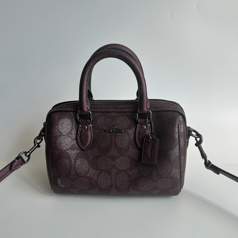 Coach Mini Rowan Satchel Metallic Burgundy Signature Canvas Crossbody Bag CX186